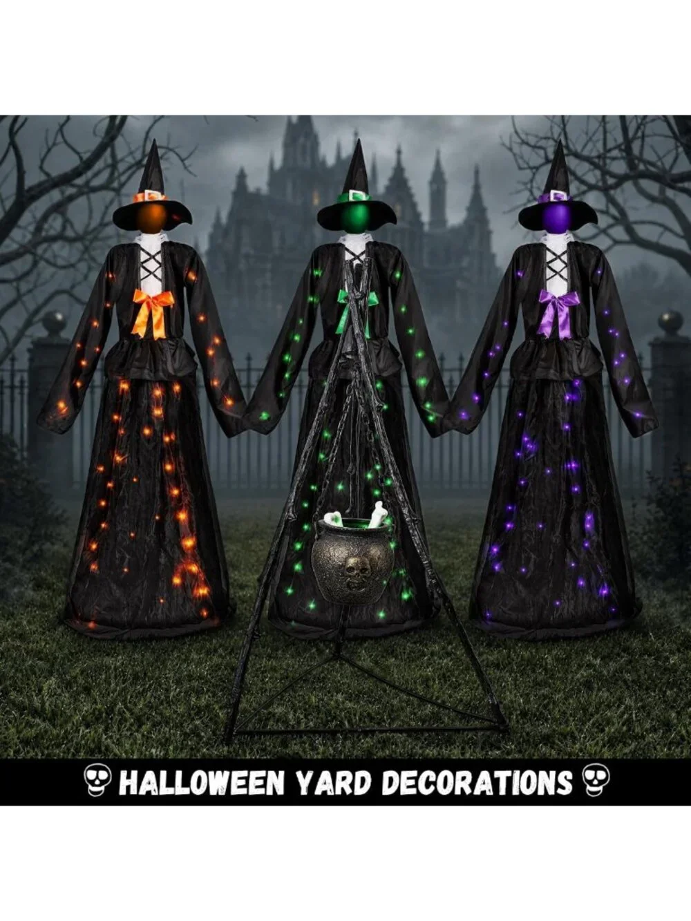 65-Inch Light-Up Witch Decoration Set of 3 - Solar-Powered Outdoor Graveyard
